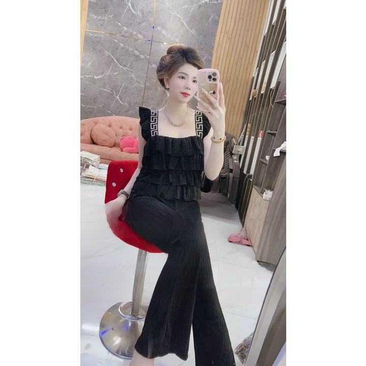 Set Bộ Thun Xốp Tầng Phối , Áo Cánh Tiên Kèm Quần Dài Ống Suông , Họa Tiết Trơn Có 5 Màu