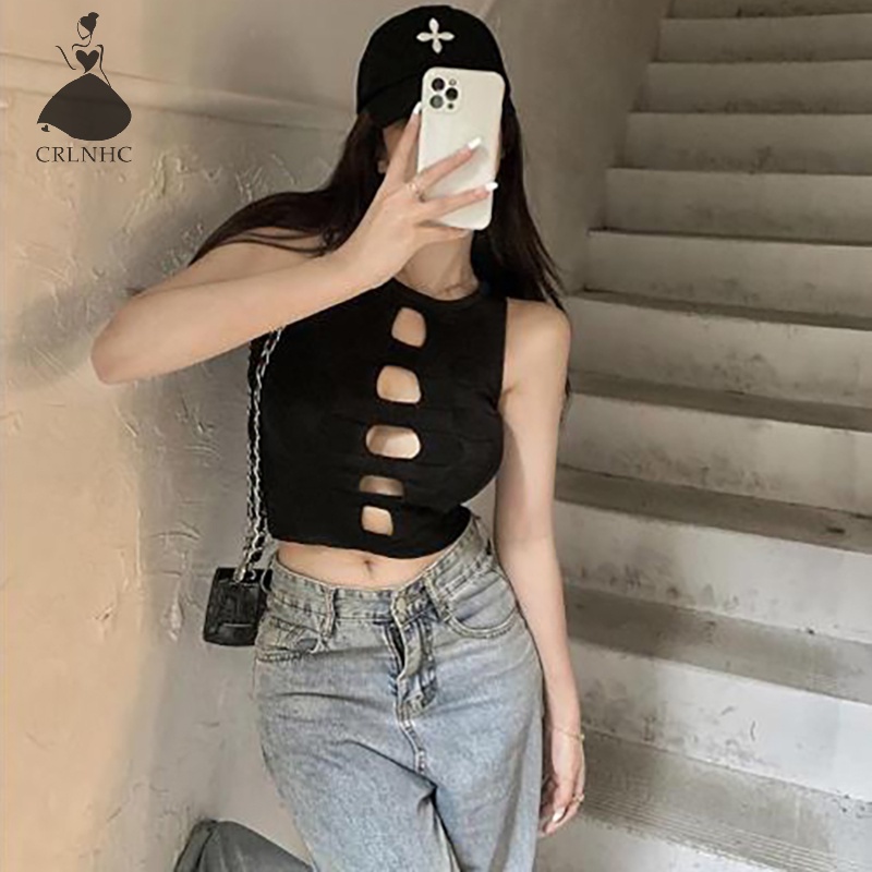 Áo Croptop Dệt Kim Sát Nách Cổ Tròn Dáng Ôm Khoét Lỗ Thời Trang Mùa Hè Quyến Rũ Cho Nữ