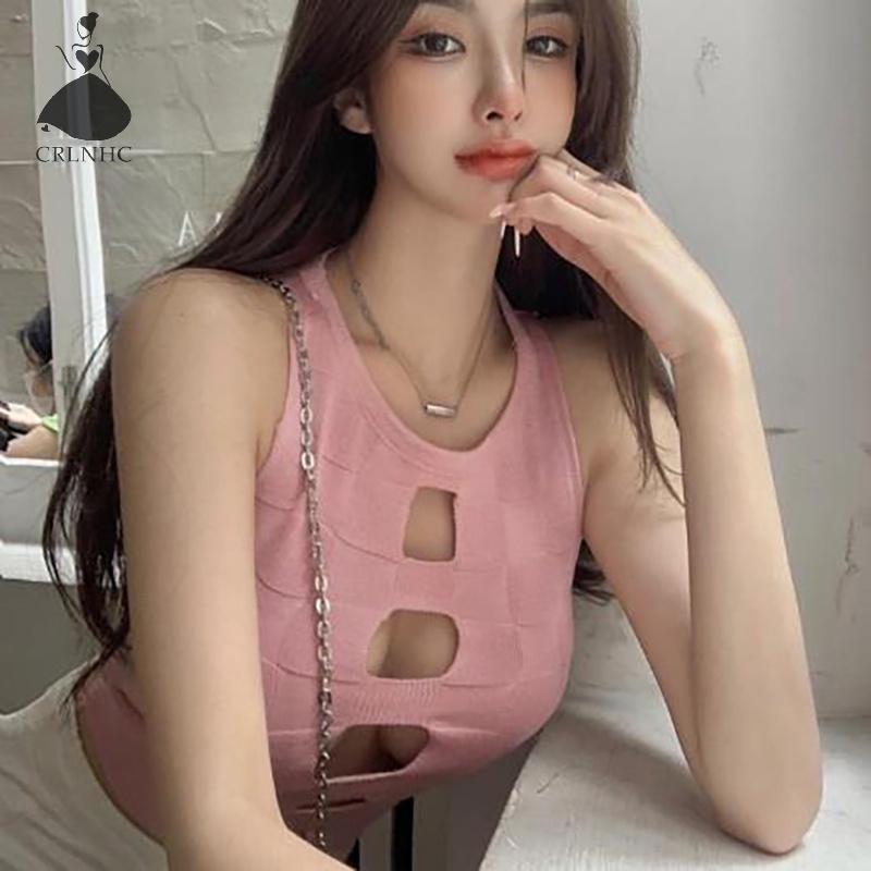 Áo Croptop Dệt Kim Sát Nách Cổ Tròn Dáng Ôm Khoét Lỗ Thời Trang Mùa Hè Quyến Rũ Cho Nữ