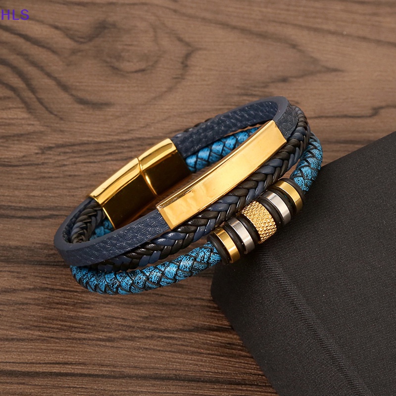 Vòng Tay Da Bện Nhiều Lớp Khóa Hợp Kim Màu Xanh Dương Phong Cách Punk Rock Thời Trang Cho Nam