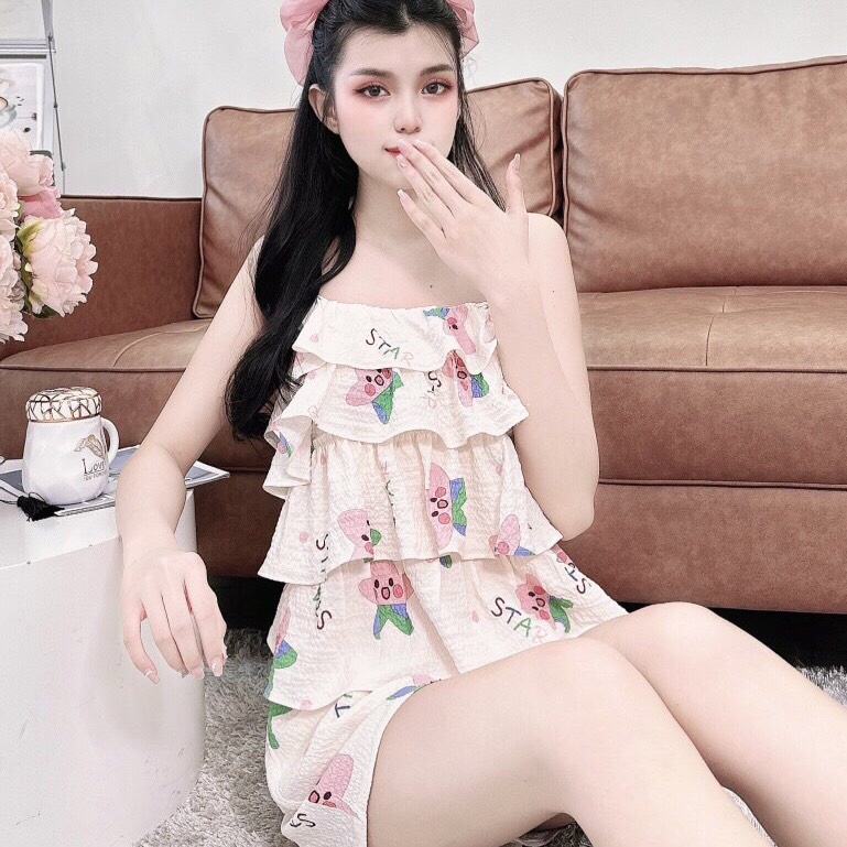 Bộ quần sọt áo dây chất lụa xốp bèo 4 tầng nhẹ nhàng nữ tính Mai Ngô