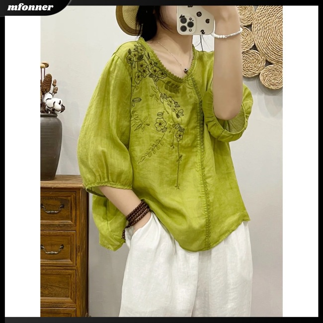 Áo Sơ Mi Cotton Lanh Mỏng Dáng Rộng Tay Ngắn Cổ Tròn Thêu Họa Tiết Kiểu Retro Thời Trang Mùa Hè Cho Nữ