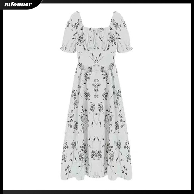 Đầm Dài Dáng Chữ A Tay Phồng Cổ Vuông In Hoa Kiểu Pháp Xinh Xắn Cho Bạn Gái