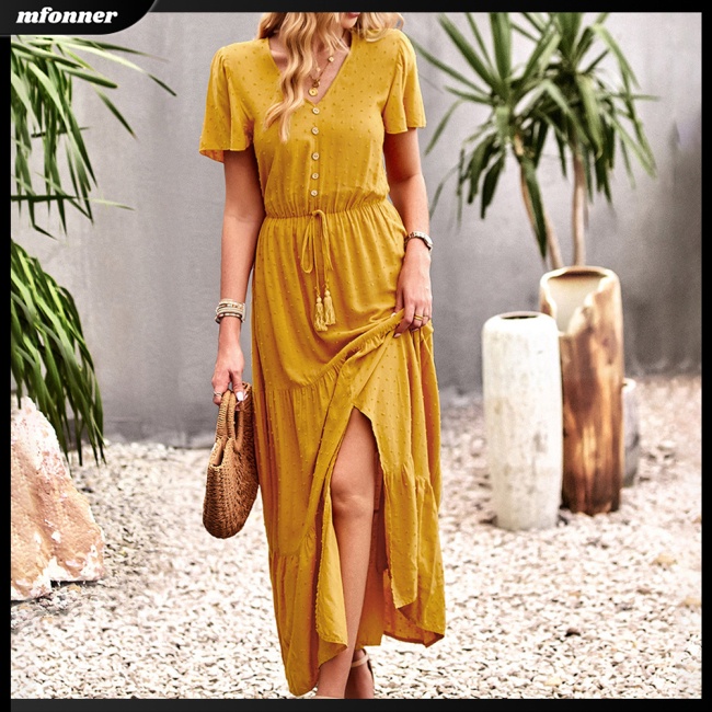 Đầm Midi Chữ A Tay Ngắn Cổ Chữ V Màu Sắc Đơn Giản Thời Trang Mùa Hè Cho Nữ