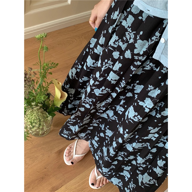 SUXI Chân Váy Dài Chữ A Xếp Ly Họa Tiết Hoa Màu Đen Thời Trang Mùa Hè Phong Cách Vintage