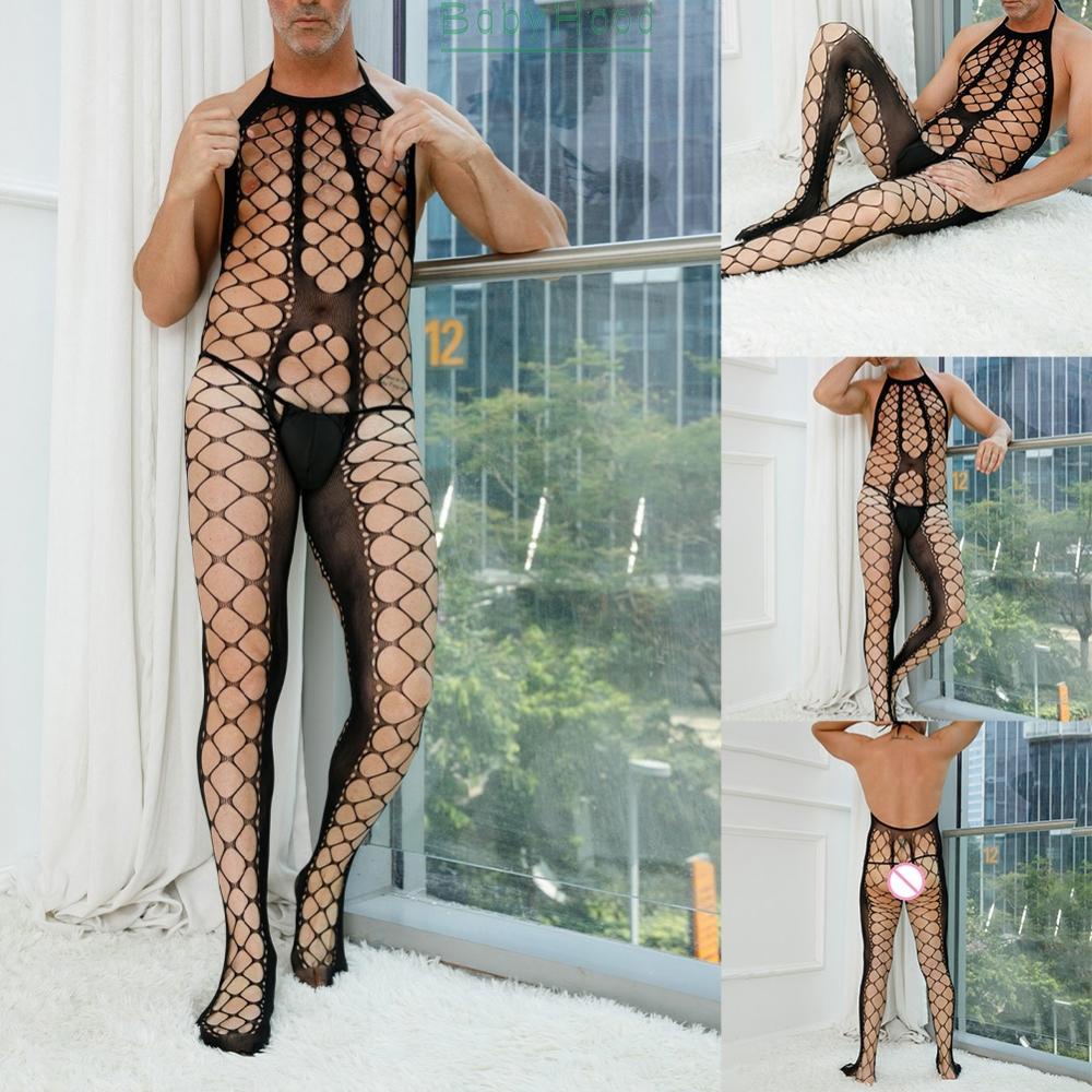 Alluring Men's Fishnet Pantyhose Slimming Black Bodysuit for Nighttime Adventure#BBHOOD