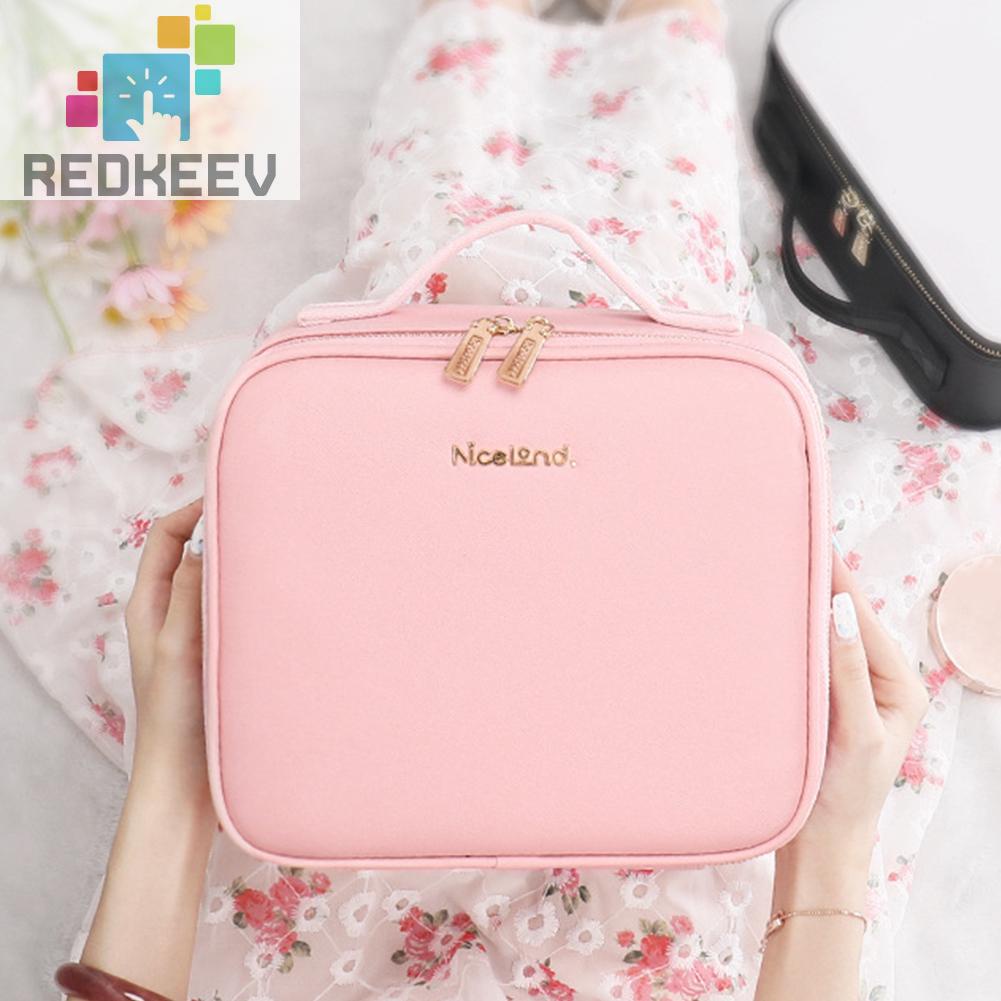 Hộp Đựng Mỹ Phẩm Bằng Da PU Có Khóa Kéo Kèm Gương Và Đèn LED Dành Cho Nữ