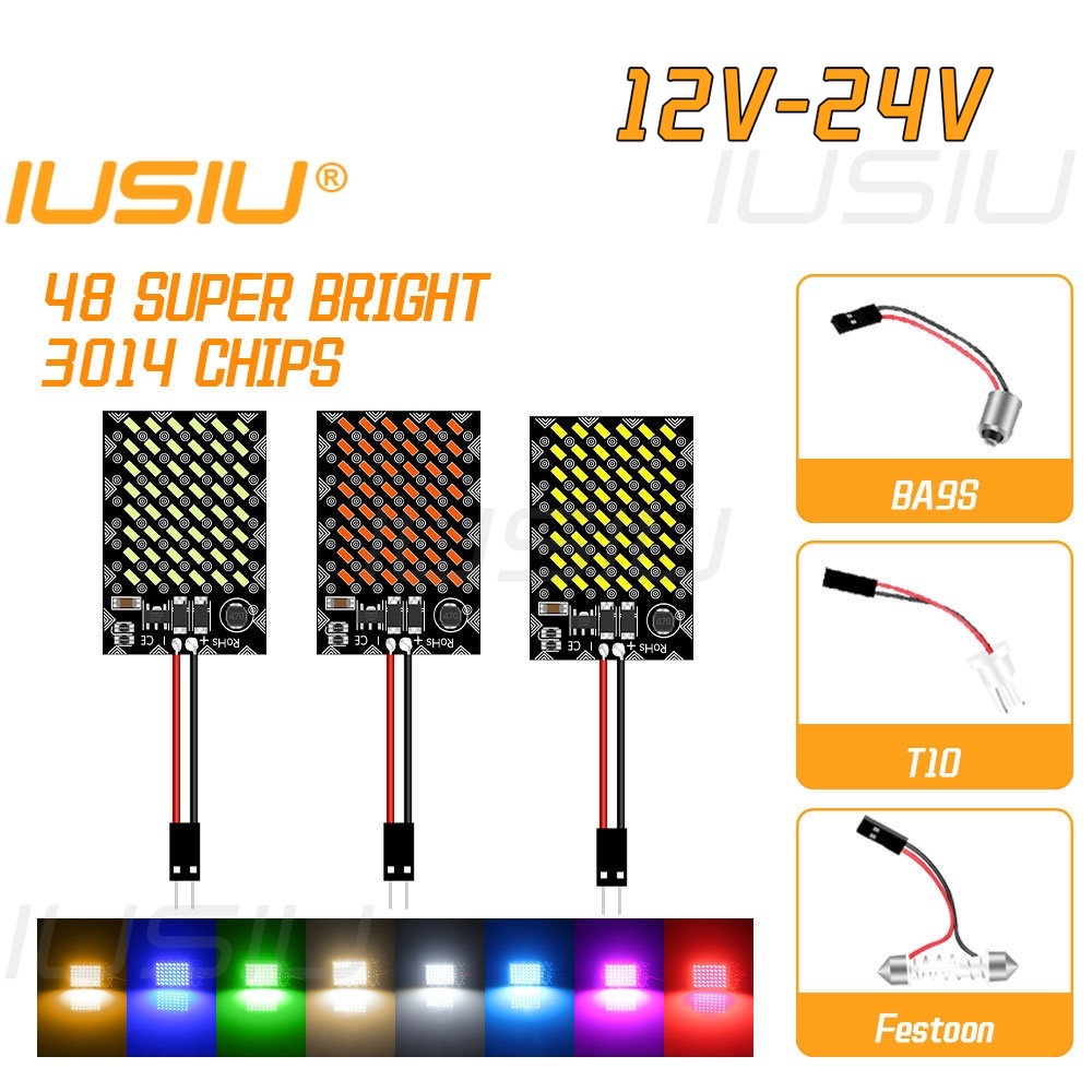 Iusu 2 Chiếc 12V- 24V T10 BA9S Festoon 3014 48SMD W5W WY5W T4W C5W Nội Thất Ô Tô Trần Mái Vòm Đèn Xe