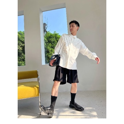 Ins Influencer Blogger Niche Áo Sơ Mi Trắng Xếp Ly Phối Sọc Phiên Bản Hàn Quốc Cho Nam