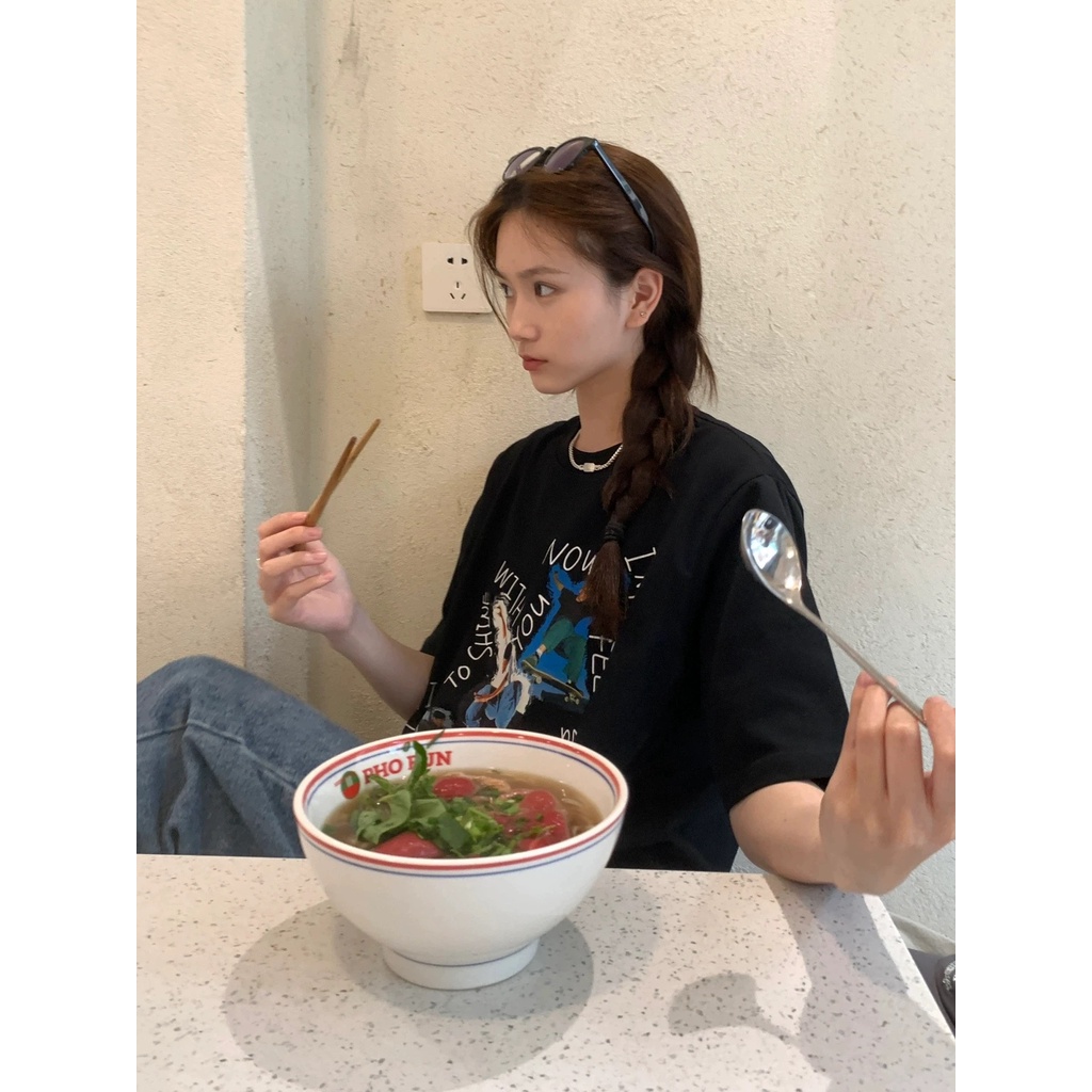 SUXI Áo Thun Cotton Cổ Tròn Ngắn Tay Dáng Rộng In Hình Thời Trang Mùa Hè Dành Cho Nữ