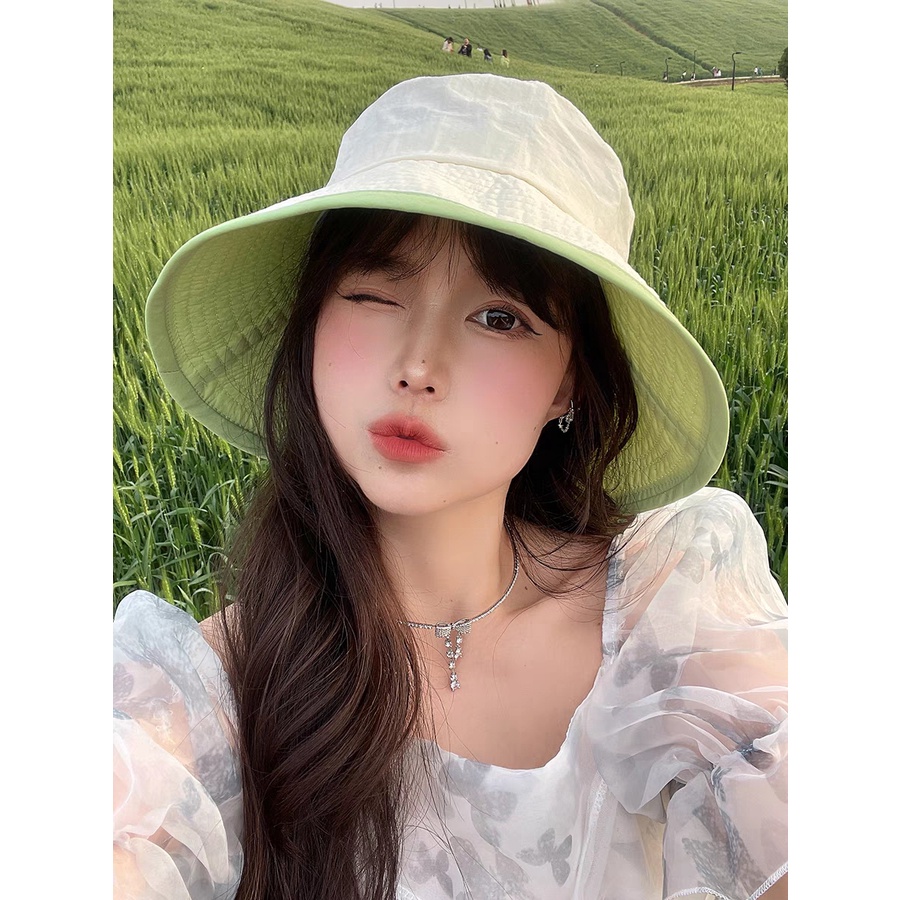 Mũ bucket 2 mặt cải viền màu độc đáo lạ mắt chất liệu thông thoáng mùa hè dã ngoại thời trang phong cách Hàn Quốc mới