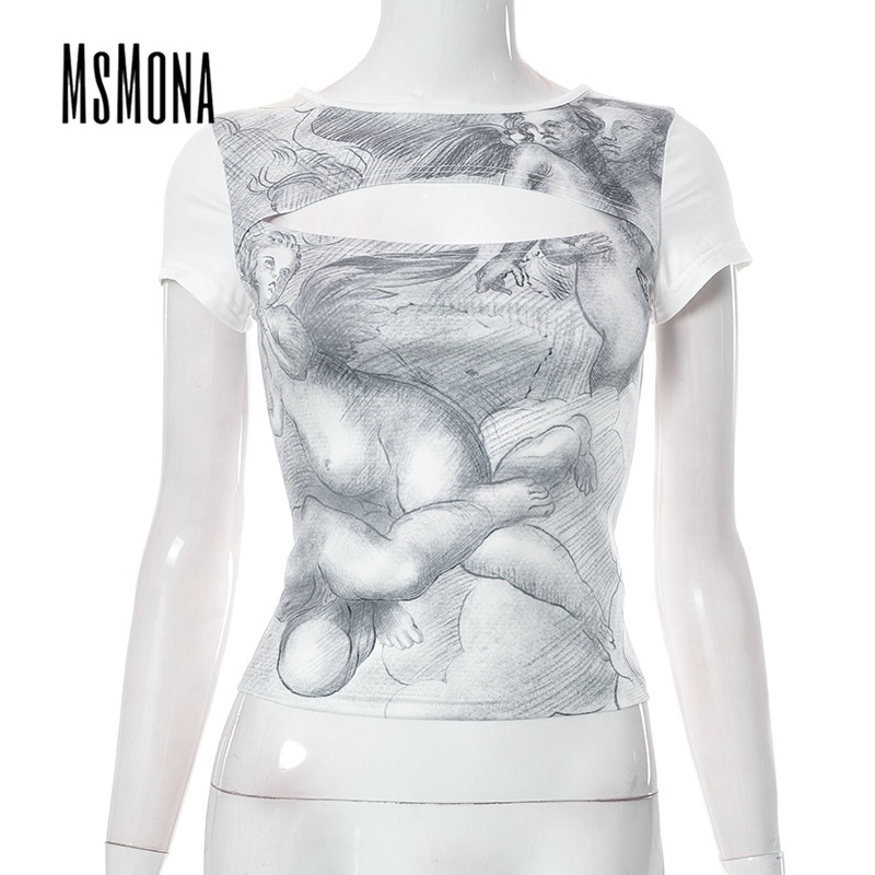 Áo Thun Dáng Ôm In Nhân Vật Khoét Lỗ Thời Trang 2023 Cho Nữ