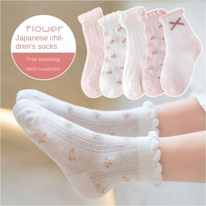 Set 5 Đôi Vớ Cotton Xuân Hè In Họa Tiết Hoa Dễ Thương Cho Bé Gái