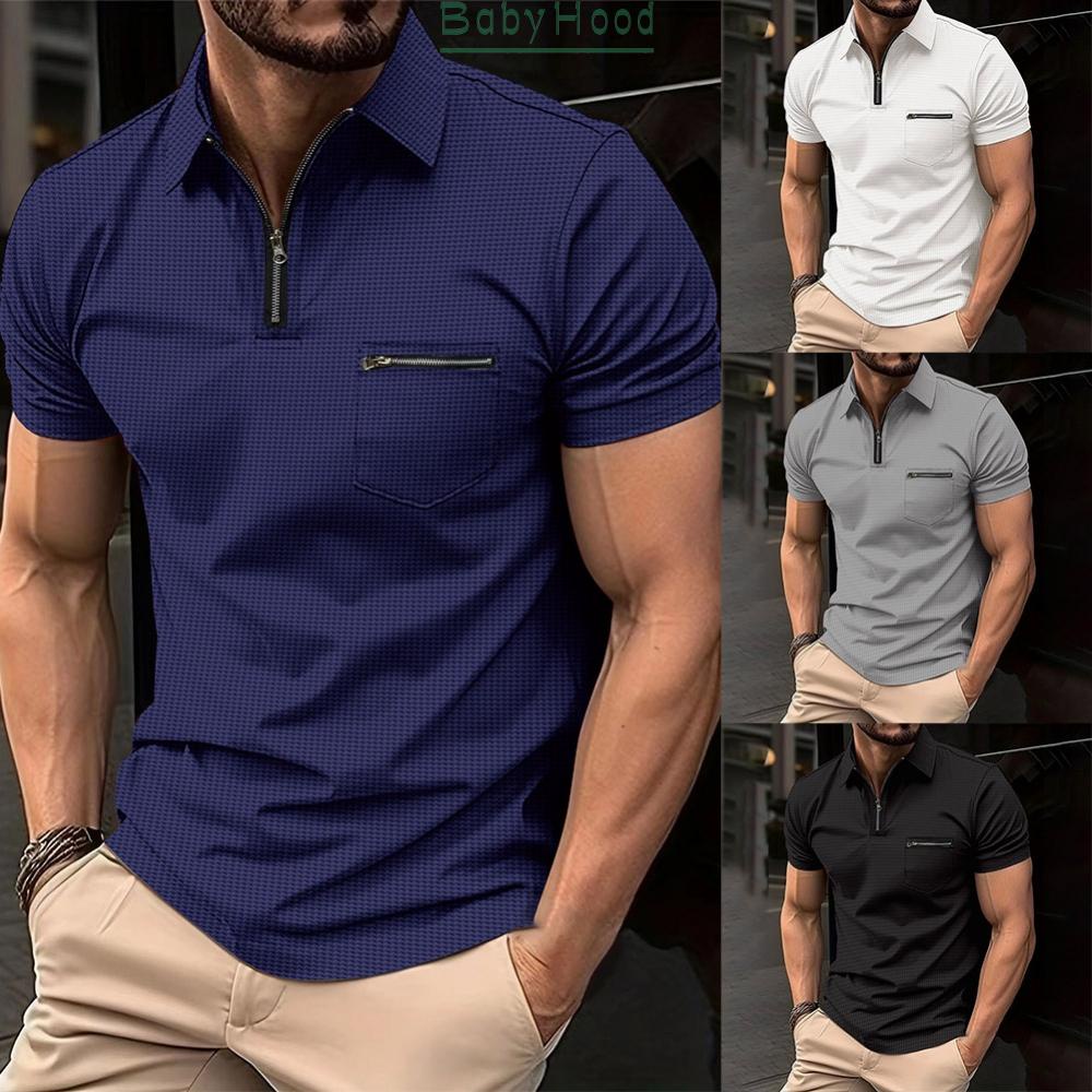 Mens Zip Neck Shirt Short Sleeve Regular Work Casual Slim Fit Tee Tops Formal#BBHOOD