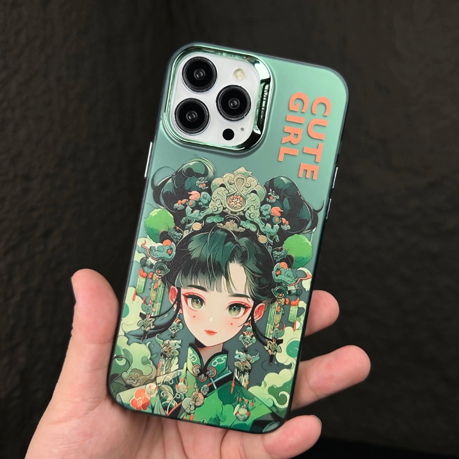 Ốp Điện Thoại Họa Tiết Cô Gái / Chàng Trai Màu Xanh Lá Kiểu Trung Hoa Chống Rơi Cho iPhone 14 13 12 11 Pro Max