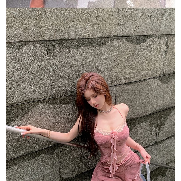 Áo Hai Dây Dệt Kim Thủ Công Màu Trơn Hình Hoa Hồng Nóng Bỏng + Chân Váy Lưng Cao Gợi Cảm Cho Nữ wsnc