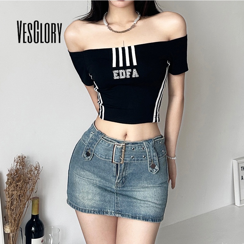 Áo Thun Crop Top Hở Vai In Chữ Phối Màu Tương Phản Thời Trang Cho Nữ 2023