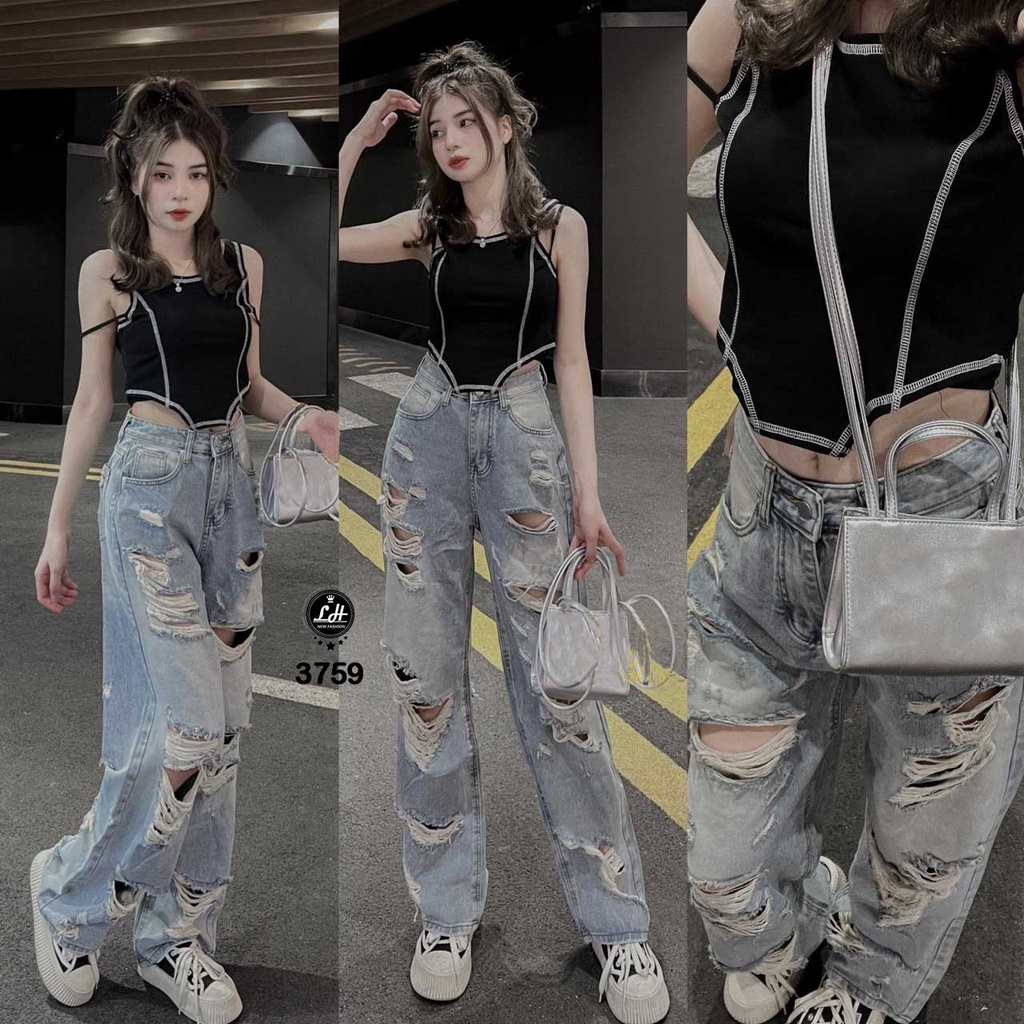 Quần jean ống rộng nữ màu xanh siêu rách te tua Lê Huy Fashion MS 3759