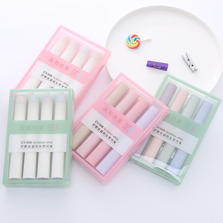 Set 4 Bút Highlight Màu Pastel Retro SHIORI Thân Tròn Giúp Ghi Nhớ trang trí sổ bullet journal văn phòng phẩm