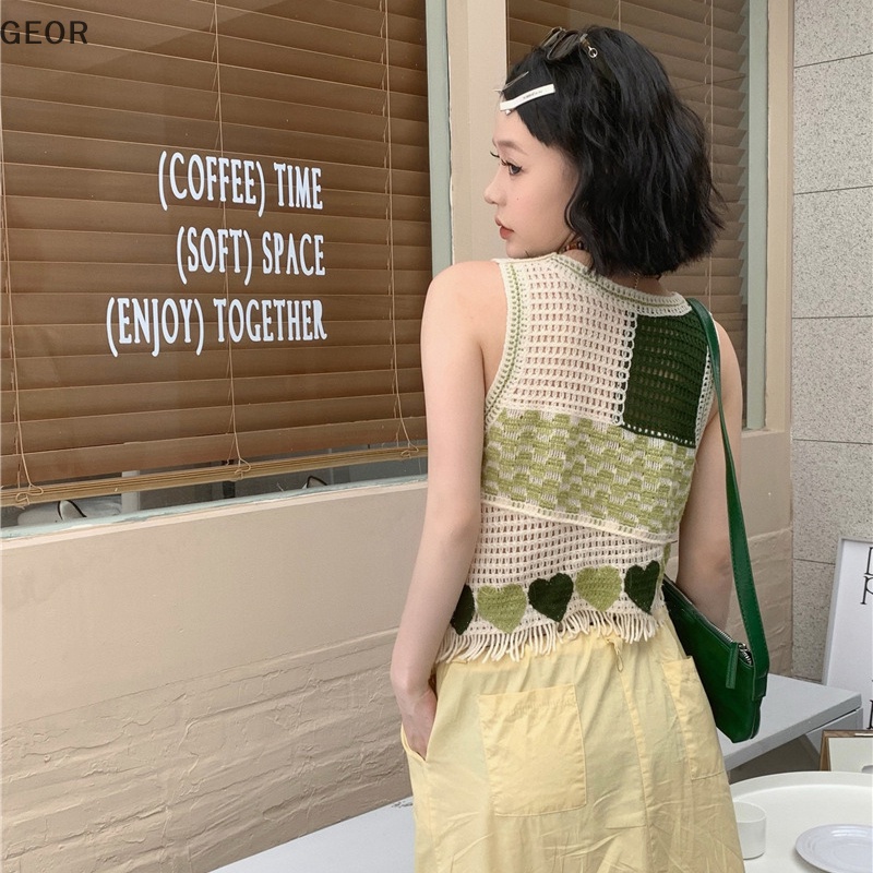 Áo Dệt Kim Sát Nách Cổ Tròn Thêu Họa Tiết Khoét Lỗ Thời Trang Mùa Hè Cho Nữ