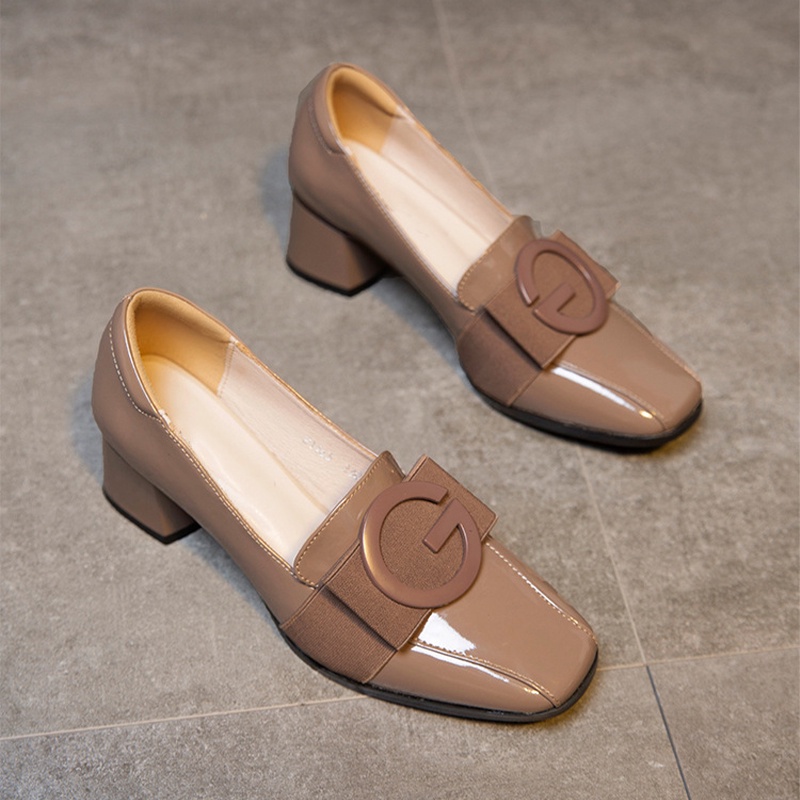 Hong Kong Premium shoes❥Giày Cao Gót Mũi Vuông Bằng Da Bóng Phong Cách Anh Quốc Thời Trang Cho Nữ