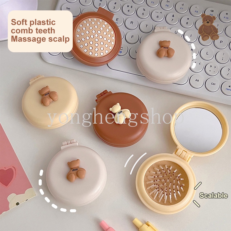Lược Chải Tóc Mini Chống Tĩnh Điện Có Gương Soi Hình Gấu Hoạt Hình Dễ Thương Có Thể Gập Lại Cho Bé Gái