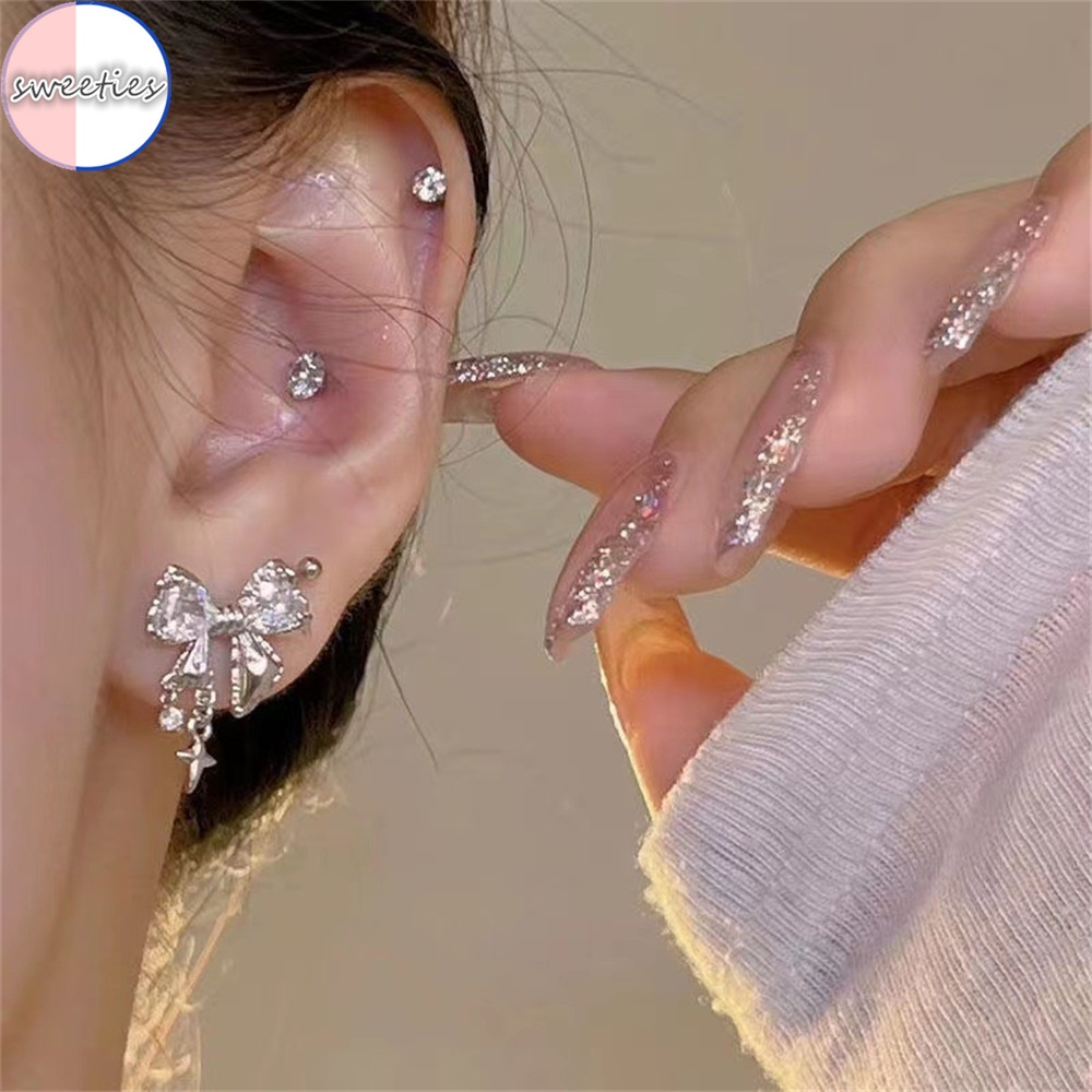Bông Tai Mạ Bạc 925 Hình Nơ Đính Đá Sang Trọng Phong Cách Hàn Quốc