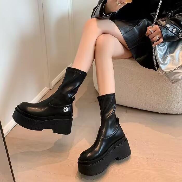 Giày Bốt Da pu Mũi Tròn Đế Dày Co Giãn Thoáng Khí Thời Trang Hàn Quốc