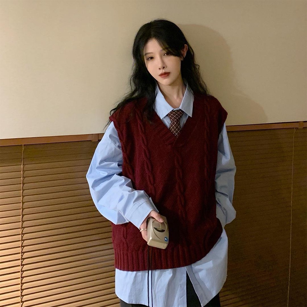 Áo Dệt Kim Sát Nách Dáng Rộng Phong Cách Vintage Hàn Quốc Cho Nữ
