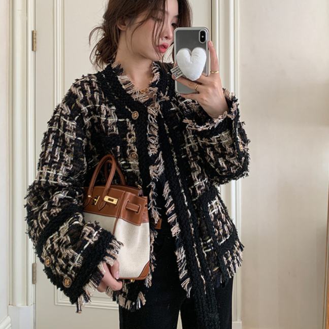 Áo Khoác Dáng Ngắn Phối Tua Rua Màu Vàng Đen Thời Trang Xuân Thu Cao Cấp Cho Nữ