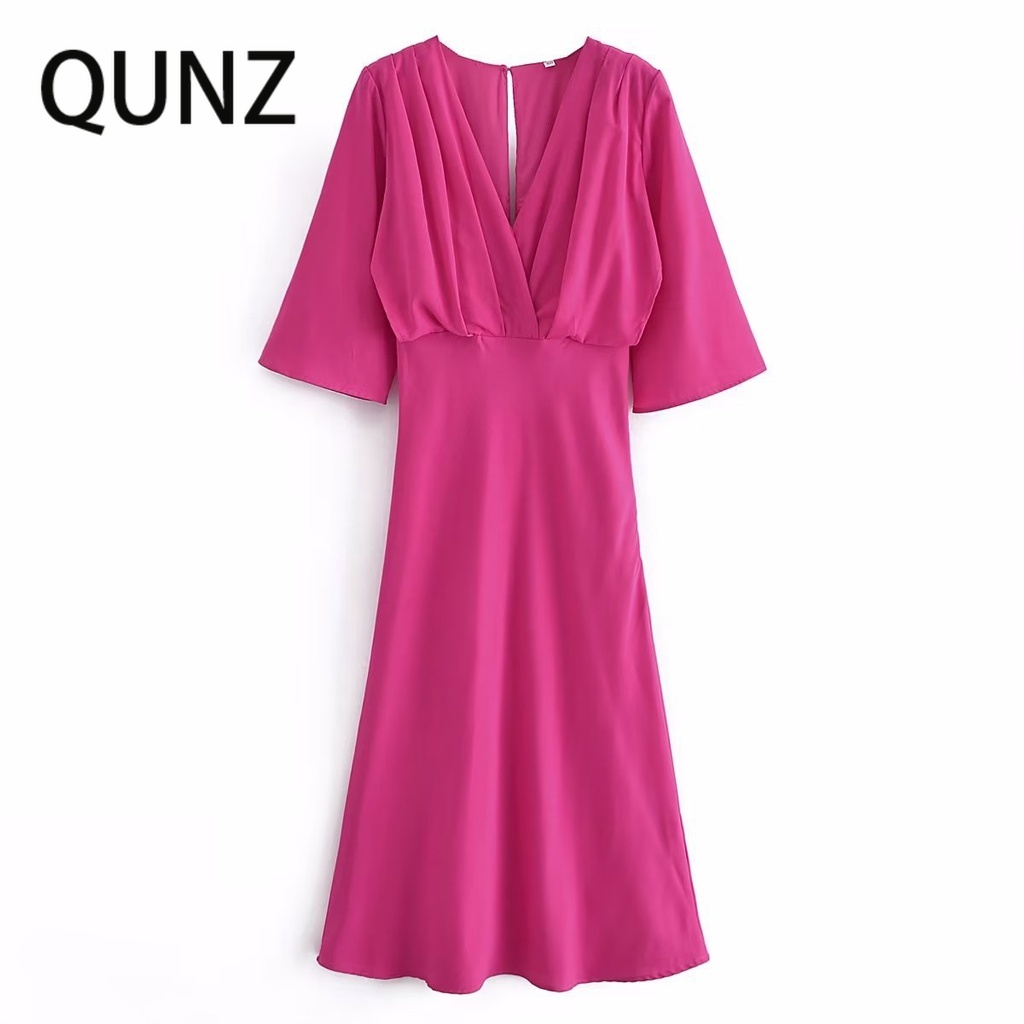 Qunz Đầm Midi Ngắn Tay Cổ Chữ V Xinh Xắn Dành Cho Nữ 5982