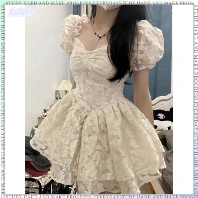 Váy Búp Bê Jacquard Mẫu Mới Mùa Xuân Và Mùa Hè, Váy Tay Phồng, Váy Công Chúa Cổ Vuông Khâu Ngọt Ngào Phong Cách Retro