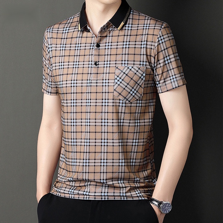 Áo Thun POLO Tay Ngắn Vải Lụa Mỏng Cỡ Lớn In Họa Tiết Kẻ Sọc Thời Trang Cho Nam Trung Niên