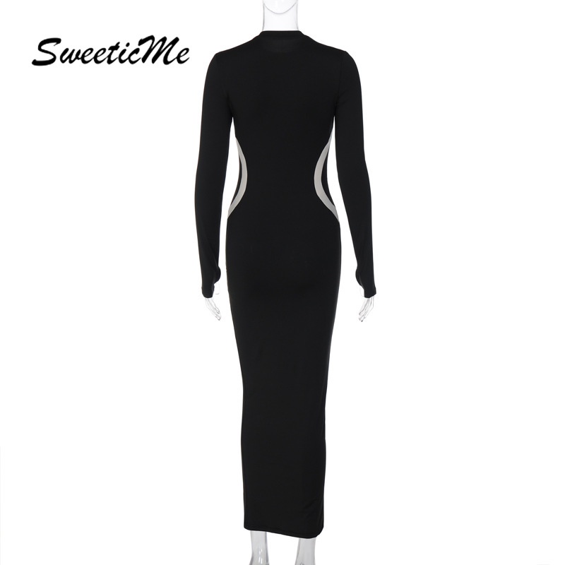 Đầm Dài Cổ Tròn Tay Dài Dáng Ôm Phối Màu Tương Phản Thời Trang 2023 Cho Nữ