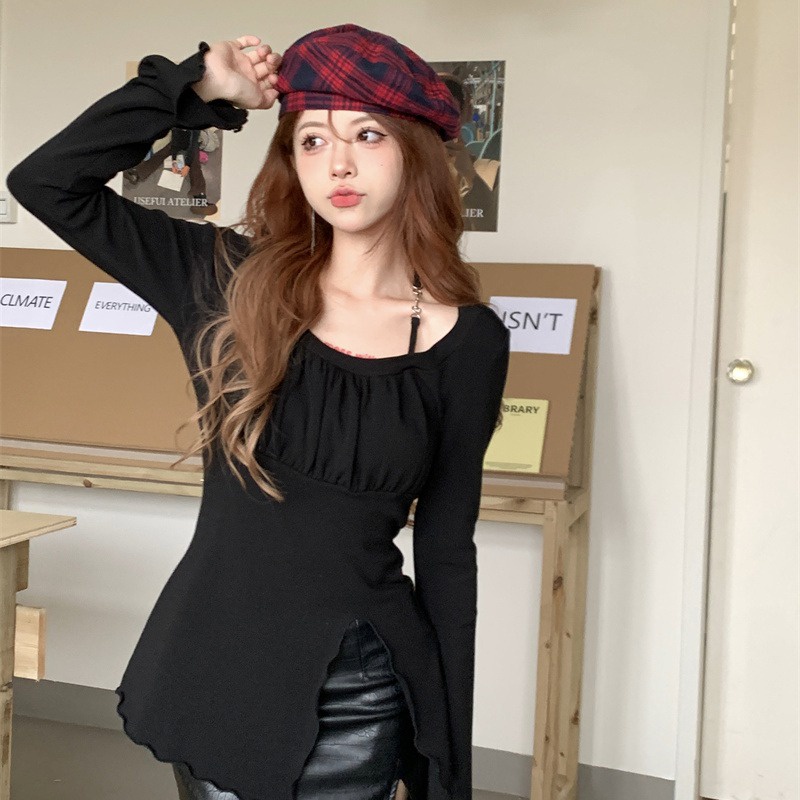 Áo Sơ Mi Tay Dài Dáng Ôm Xẻ Tà Quyến Rũ Thời Trang Cho Nữ