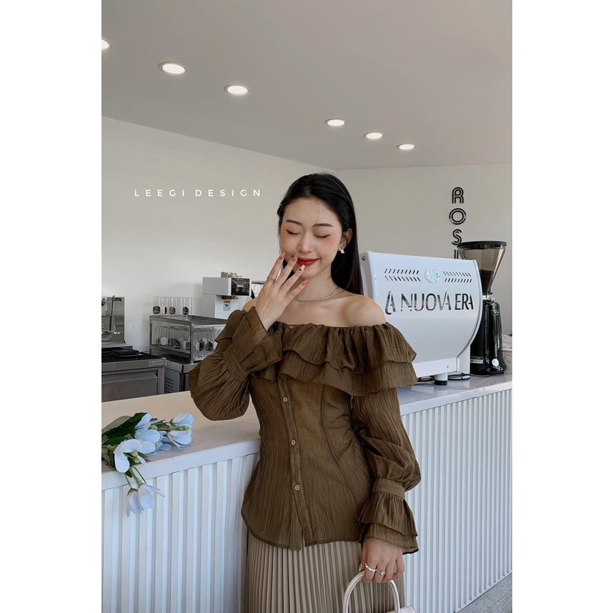 Set nâu trễ vai tay loe+chân váy midi dập ly