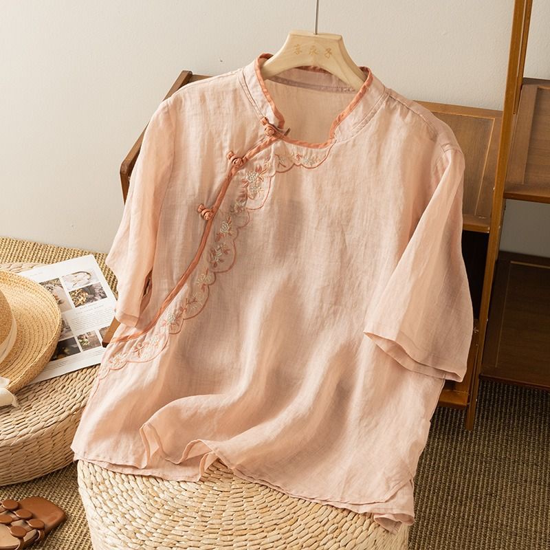 Áo Kiểu Vải Lanh cotton Cài Nút Họa Tiết Thổ Cẩm retro Thời Trang Mùa Hè 2023 Cho Nữ