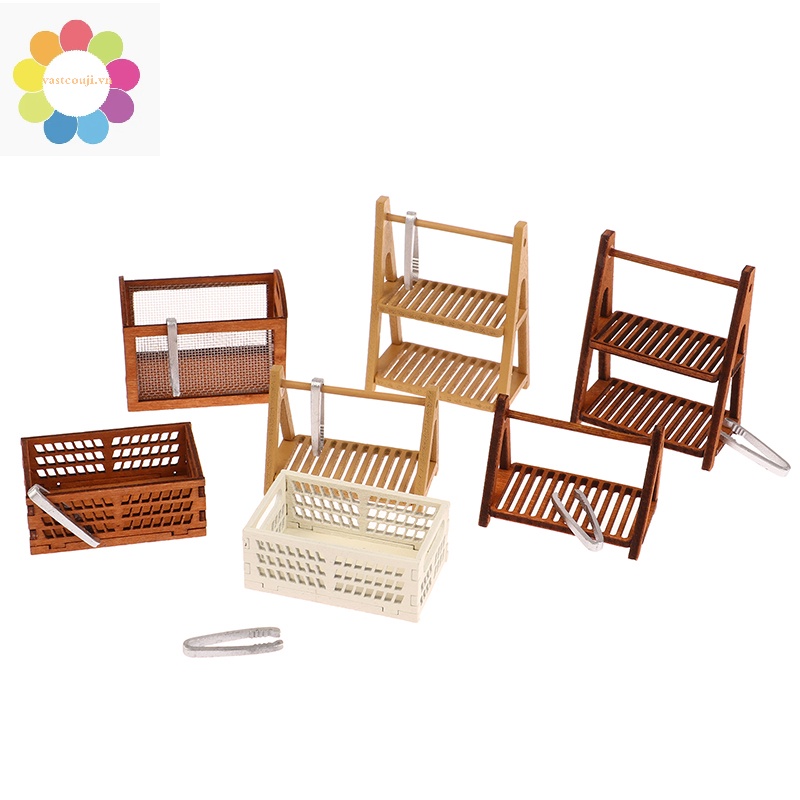 Vastji 1set 1:12 dollhouse miniature bread rack cake kệ lưu trữ hộp / giỏ w / kẹp nướng cảnh trang trí nhà búp bê phụ kiện vn