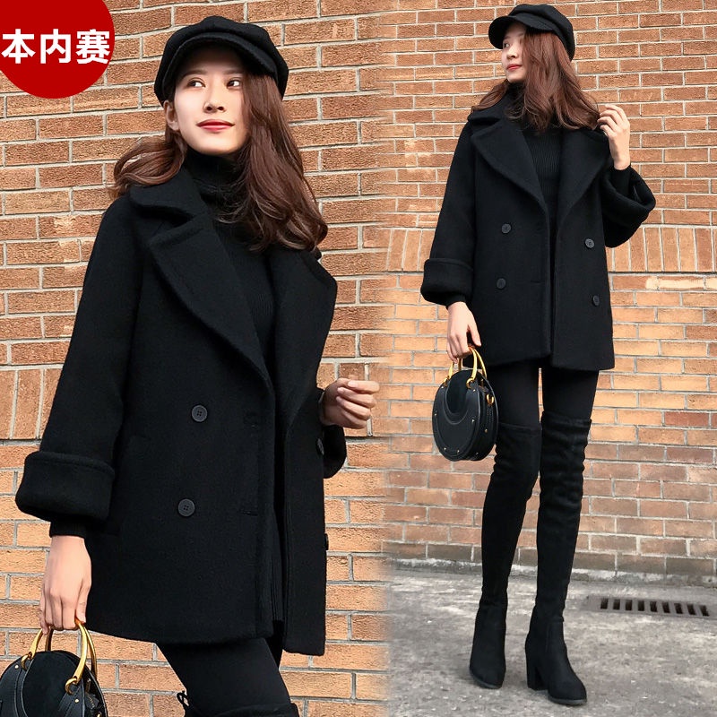 Áo Khoác Len Dày Dáng Rộng Màu Đen Phong Cách Hàn Quốc Thời Trang Thu Đông