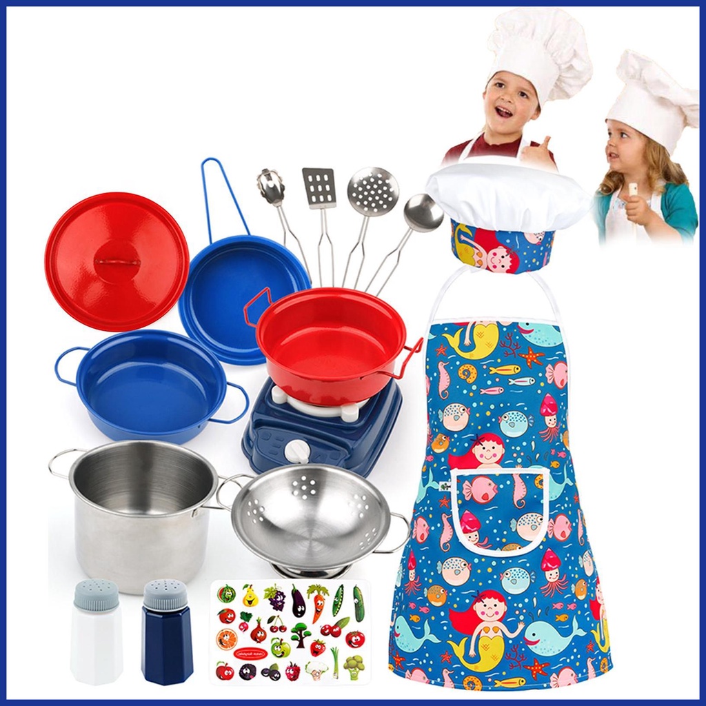 Bộ nấu ăn cho trẻ em 16 cái bộ làm bánh cho trẻ em với tạp dề nấu ăn mũ đầu bếp cho trẻ em dụng cụ nấu ăn nướng phụ kiện playset aiavn