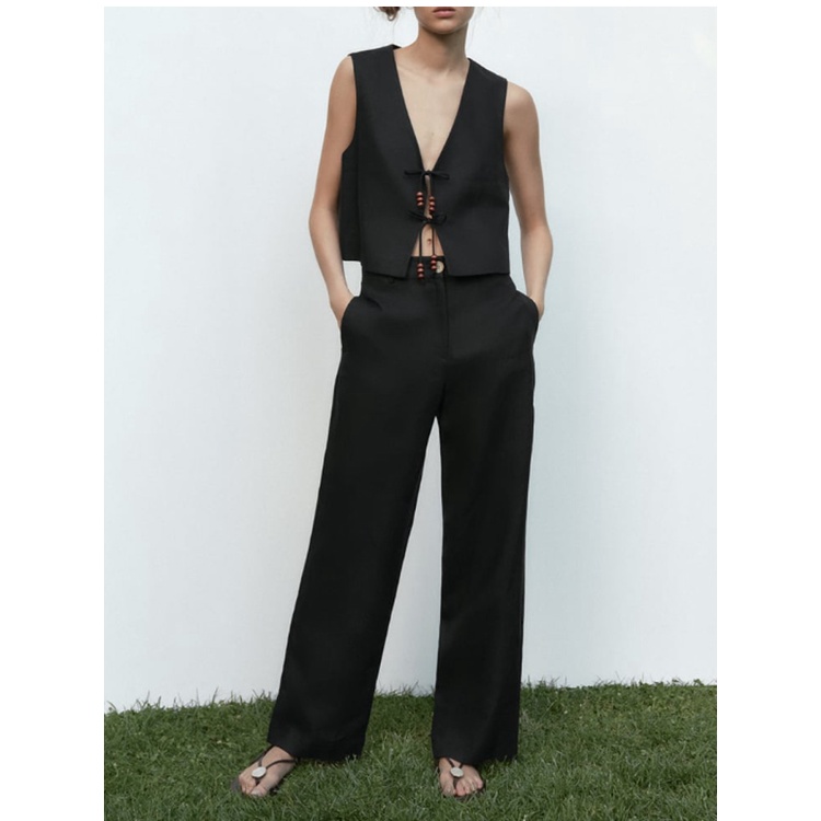 Set Áo Sát Nách Thắt Nút + Quần Dài Ống Rộng Zara 23 Thời Trang Mùa Hè7592503 7593503