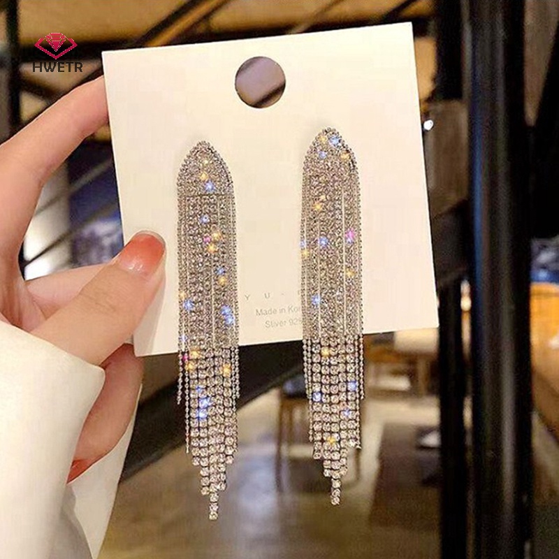 Hwetr dài tua đầy đủ rhinestone bông tai thả cho phụ nữ ovsize pha lê dangle bông tai phụ kiện trang sức thời trang mới