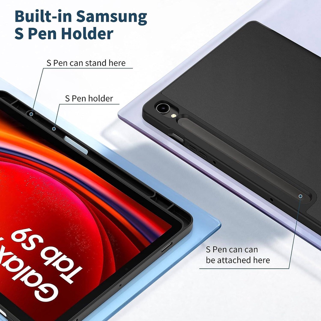 Built-in pencil holder auto wake / sleep stand slim pu leather soft tpu back case for samsung galaxy tab s9 plus, tab s9 ultra / s8 ultra, tab s8 plus / s7 fe / s7 plus, tab s6 lite, tab a8