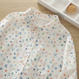 Áo sơ mi cotton dài tay nữ tươi nhỏ hoa cổ tròn áo sơ mi rời slim top áo sơ mi nữ