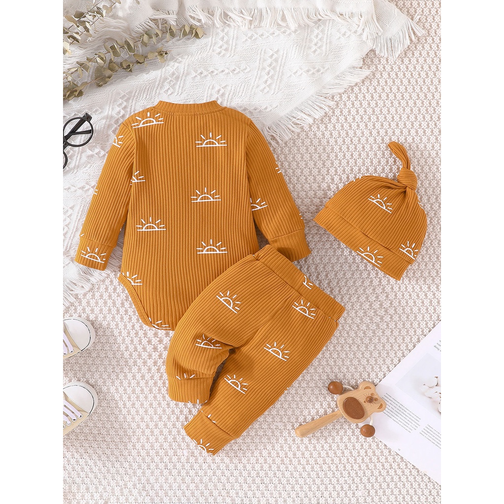 Combo bộ đồ bé Trai Gái 0-18 tháng dài tay in hình mặt trời bodysuit liền thân quần dài có mũ set thời trang cho bé trẻ em sơ sinh