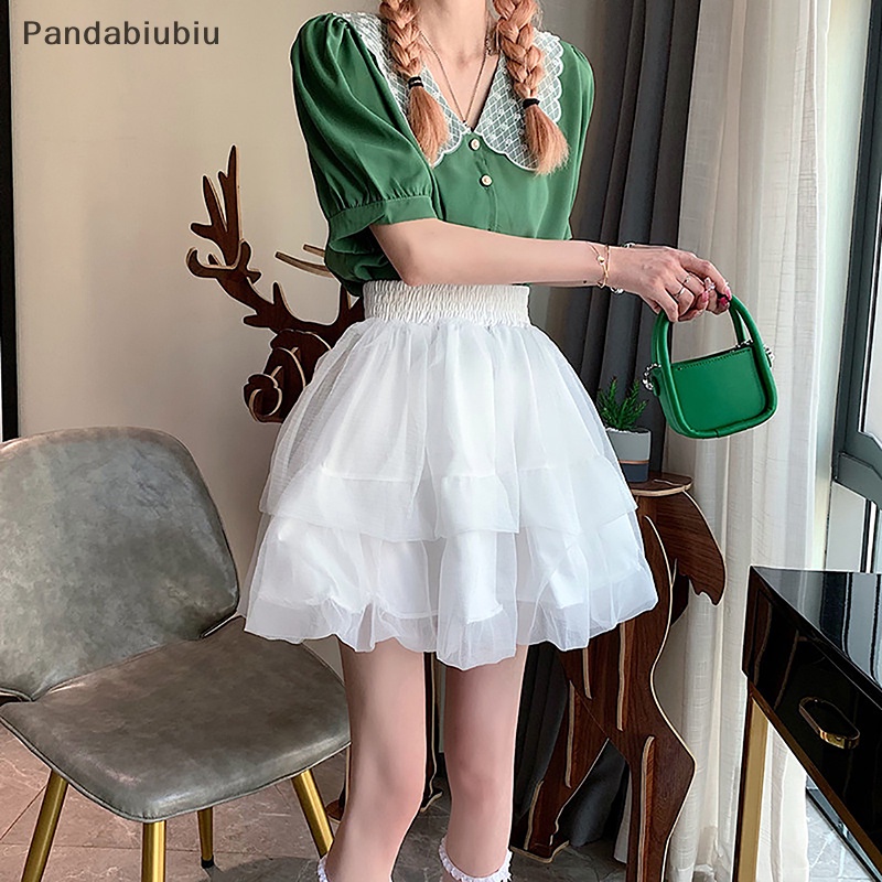 Phụ nữ Pháp cao eo ngọt ngào Preppy thời trang gạc pouffant váy Joo