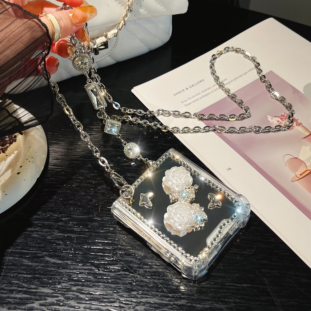 Hộp đựng gương bằng kim cương giả làm bằng tay cho samsung galaxy z flip 5 flip5 với dây treo vai đeo chéo