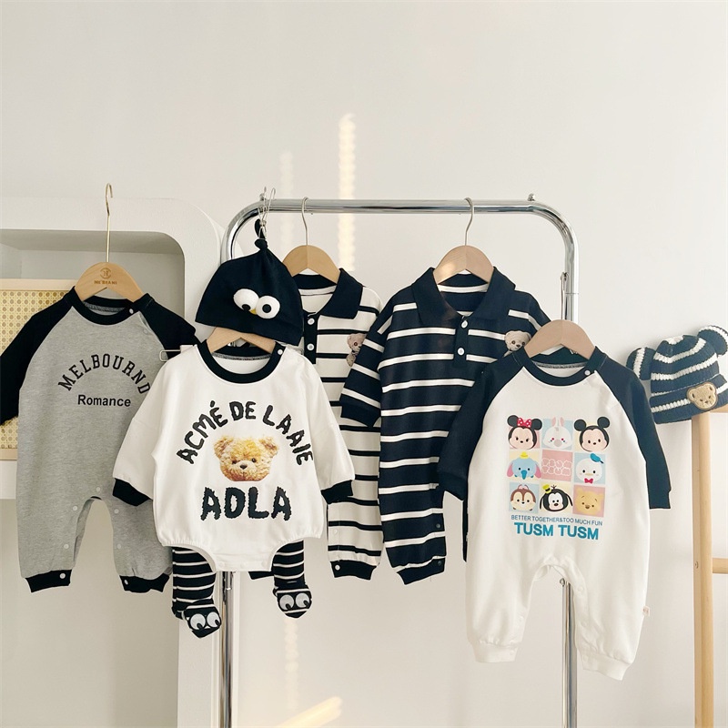 Pinpoo xám đen mùa xuân và mùa thu quần áo sơ sinh bé trai và bé gái bodysuit dài tay 0-2 tuổi