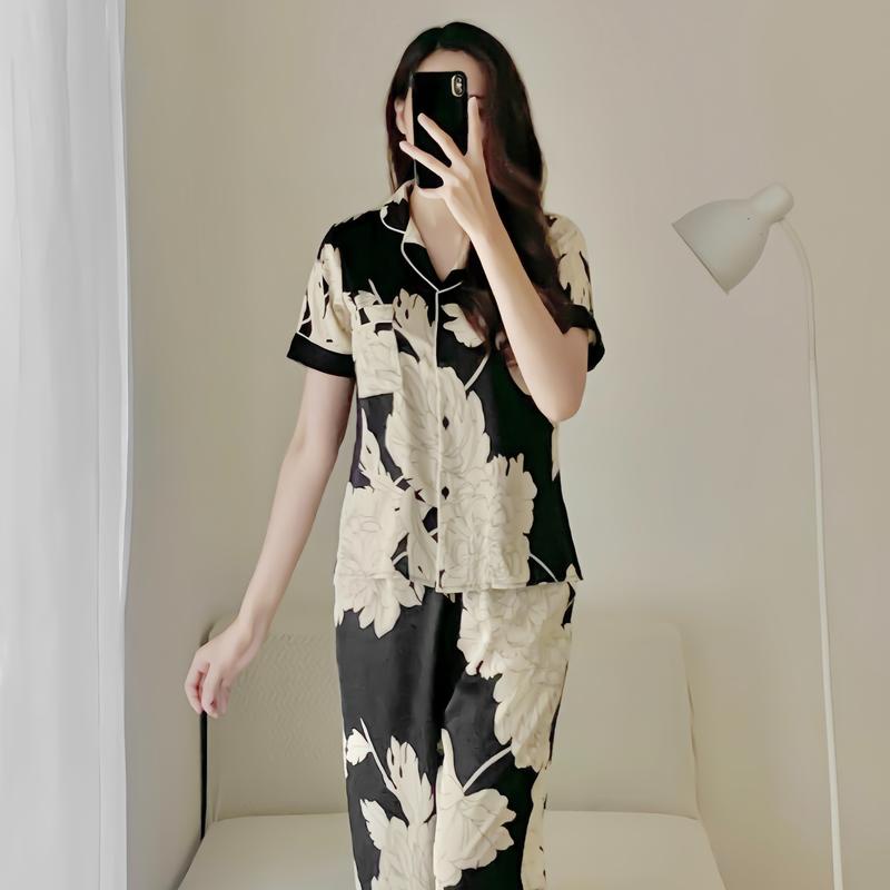 Bộ ngủ nữ pijama mặc nhà chất lụa latin cao cấp họa tiết hoa mẫu đơn Melli Homewear