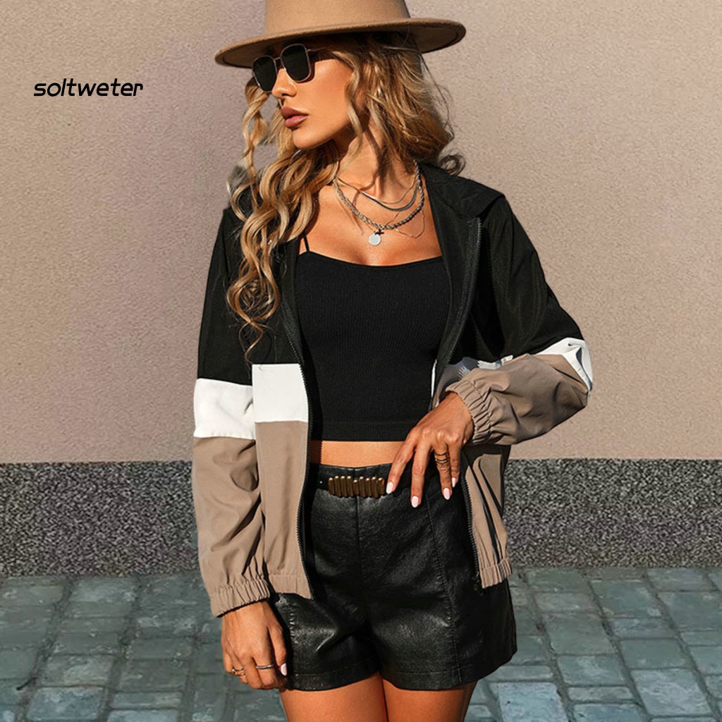 St women long-sleeved jacket women áo khoác thoải mái áo khoác nữ có mũ trùm đầu colorblock áo khoác ngoài trời thông thường mềm mại thoáng khí và phong cách áo khoác dài tay cho mùa xuân / mùa thu